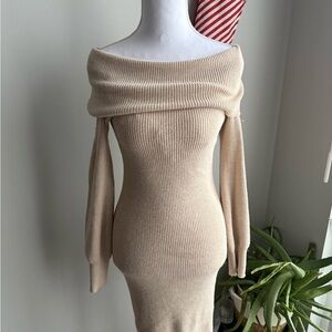 Pink Rose Off-Shoulder Beige Sweater Dress